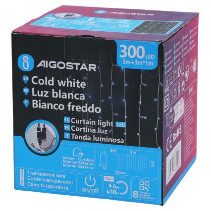 Aigostar - LED Outdoor String Lights 300xLED/8 Functions 3x1m IP44 Cool White + Remote Control