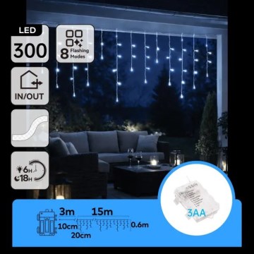 Aigostar - LED Outdoor Christmas String Lights 300 LEDs / 8 functions 3 x AA 18 x 0.6 m IP44 Cool White