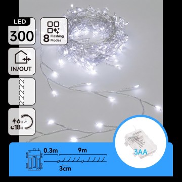 Aigostar - LED Outdoor Christmas string lights 300 LEDs/8 functions 3x AA 9.3m IP44 cool white
