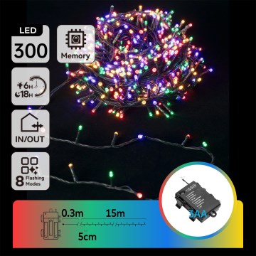 Aigostar -LED Outdoor Christmas string lights 300 LEDs/8 functions 3xAA 15.3m IP44 multicolor