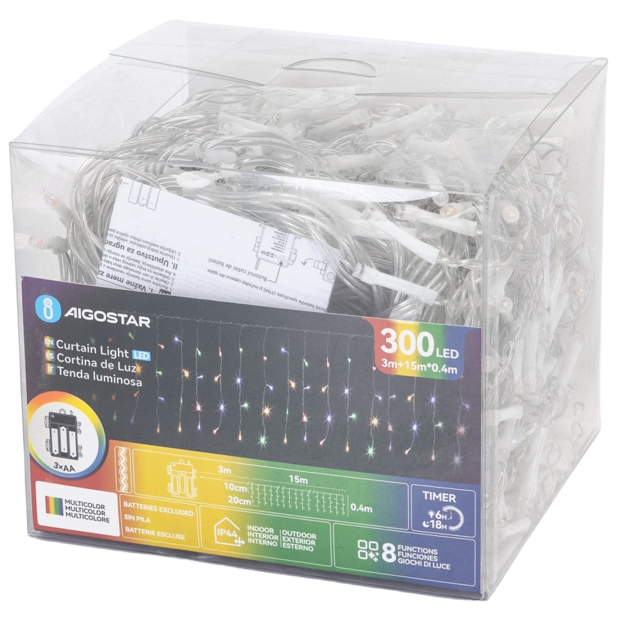 Aigostar - LED Outdoor Christmas String 300 LEDs/8 functions 3xAA 18x0.4m IP44 multicolor