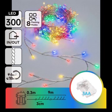 Aigostar - LED Outdoor Christmas String Lights 300 LEDs / 8 modes 3xAA 9.3 m IP44 multicolor