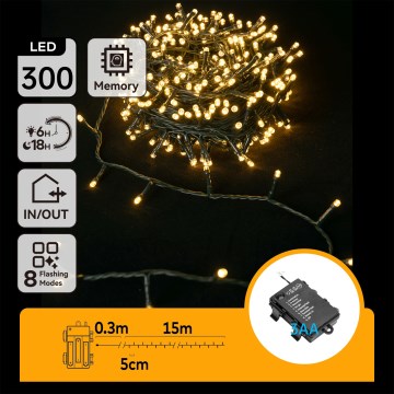 Aigostar-LED Outdoor Christmas string lights 300xLED/8 functions 3xAA 15,3m IP44 warm white