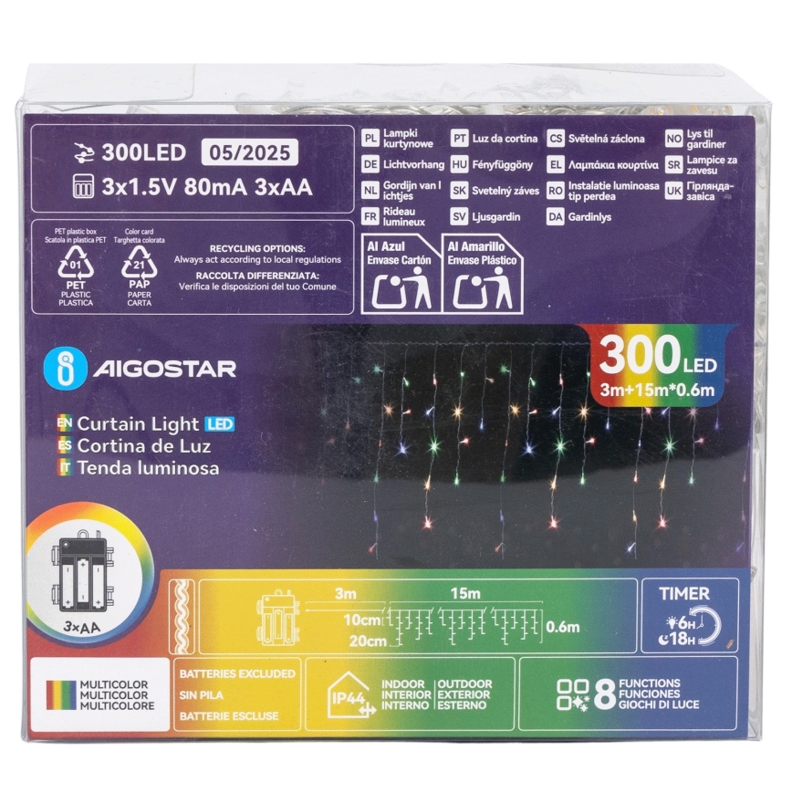 Aigostar - LED Outdoor Christmas string lights 300xLED/8 lighting modes 3xAA 18x0,6 m IP44 multicolor