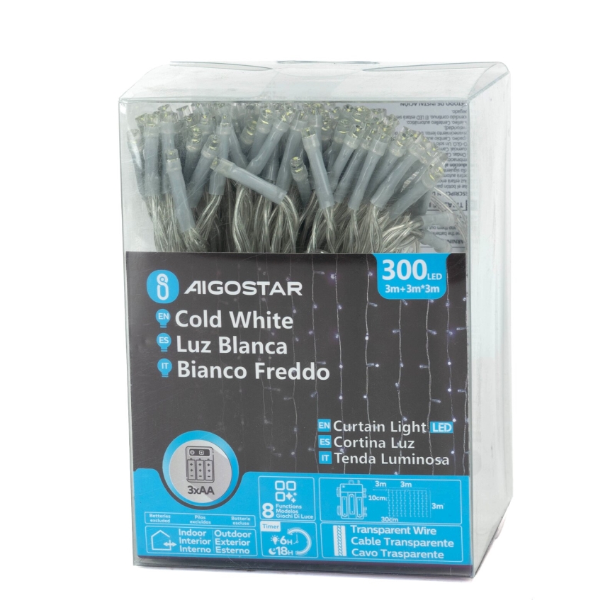 Aigostar - LED Outdoor Christmas String Lights 300xLED/8 functions 3xAA 6x2m IP44 cool white