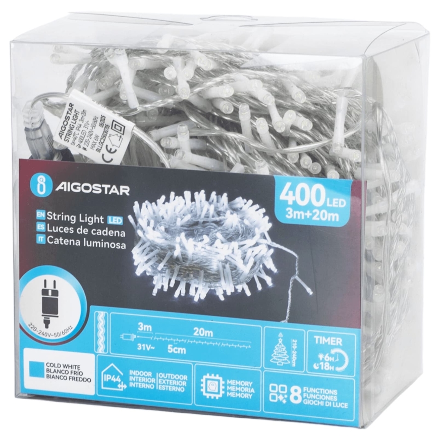 Aigostar - LED Outdoor Christmas String Lights 400 LEDs/8 functions 23m IP44 Cool White