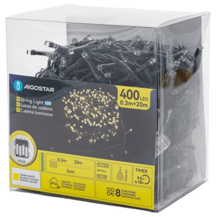 Aigostar - LED Outdoor Christmas Lights 400 LEDs / 8 modes 4×AA 20.3 m IP44 Warm White