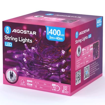 Aigostar - LED Outdoor Christmas String Lights 400 LEDs / 8 modes, 43m, IP44, pink