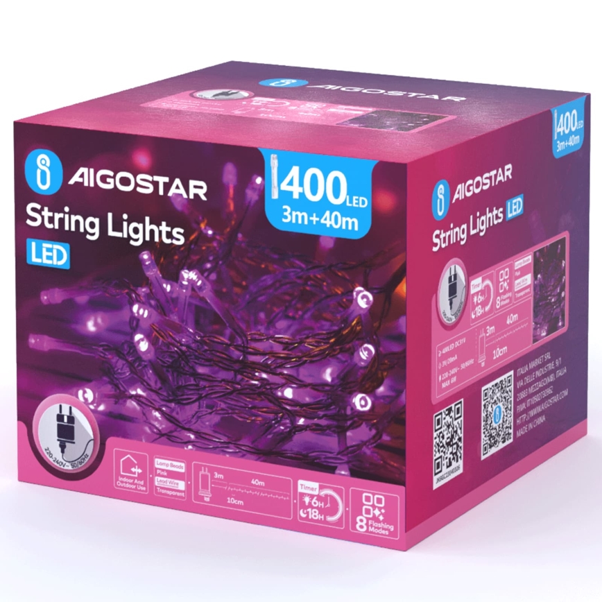 Aigostar - LED Outdoor Christmas String Lights 400 LEDs / 8 modes, 43m, IP44, pink