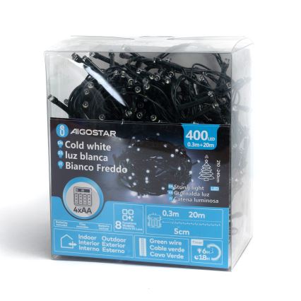 Aigostar - LED Outdoor Christmas String Lights 400 LEDs / 8 Modes 4xAA 20.3 m IP44 Cool White