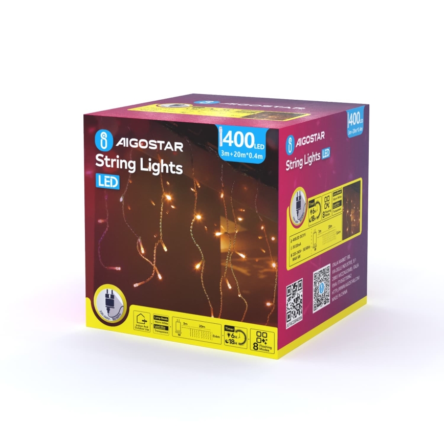 Aigostar - LED Outdoor Christmas String Lights 400xLED/8 functions 23x0,4m IP44 warm white