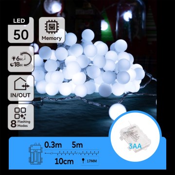 Aigostar - LED Outdoor Christmas String Lights 50 LEDs/3xAA/8 functions 5.3 m IP44 Cool White