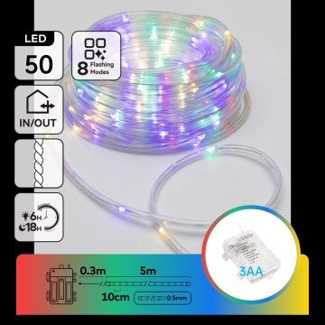 Aigostar - LED Outdoor Christmas string lights 50 LEDs / 8 functions 3x AA 5.3 m IP44 Multicolor