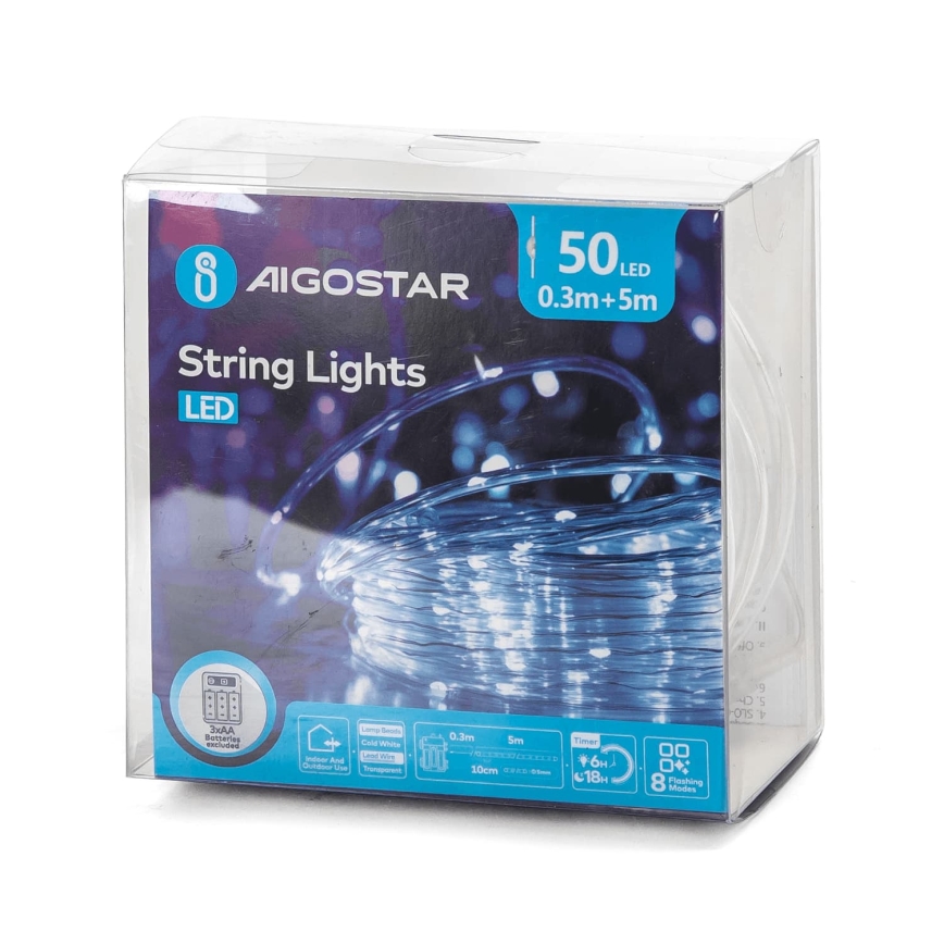 Aigostar - LED Outdoor Christmas String Lights 50xLED/8 functions 3xAA 5.3 m IP44 cool white