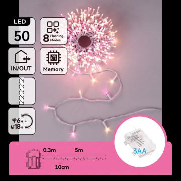 Aigostar - LED Outdoor Christmas String Lights 50 LEDs/8 Modes 3xAA 5.3m IP44 Pink/Warm White