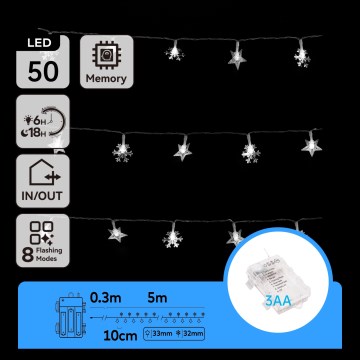 Aigostar - LED Outdoor Christmas String Lights, 50 LEDs / 8 modes, 3xAA, 5 m, IP44, cool white