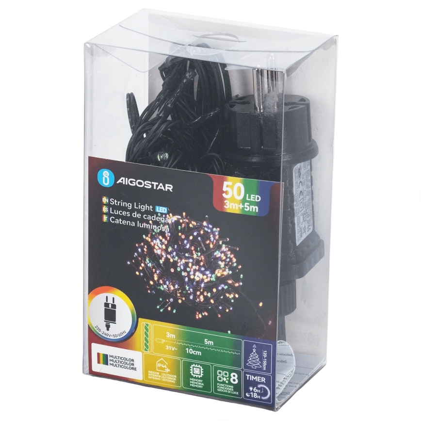 Aigostar - LED Outdoor Christmas String Lights 50 LEDs/8 modes 8 m IP44 multicolor