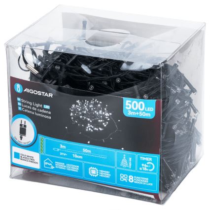 Aigostar - LED Outdoor Christmas String Lights, 500 LEDs / 8 Modes, 53 m, IP44, Cool White
