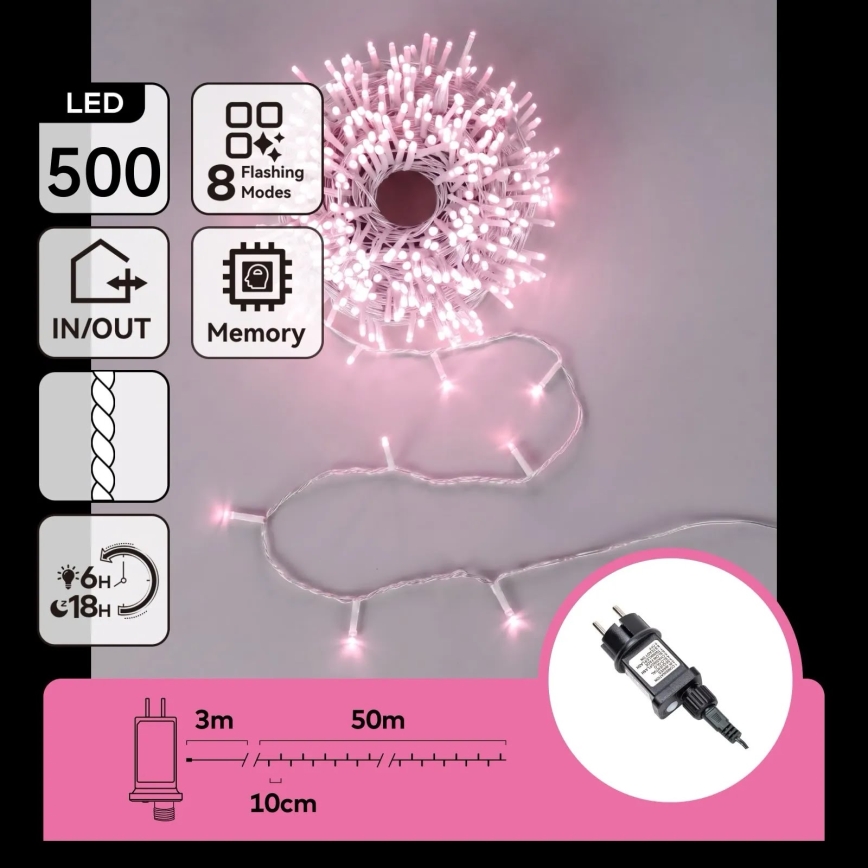 Aigostar - LED Outdoor Christmas String Lights, 500 LEDs / 8 modes, 53 m, IP44, pink