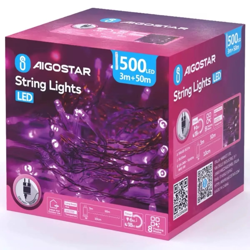 Aigostar - LED Outdoor Christmas String Lights, 500 LEDs / 8 modes, 53 m, IP44, pink