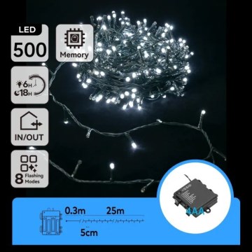 Aigostar - LED Outdoor Christmas String Lights 500xLED/8 lighting modes 4xAA 25,3 m IP44 cool white
