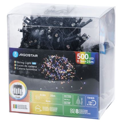 Aigostar - LED Outdoor Christmas String, 500 LEDs, 8 Lighting Modes, 4×AA, 25.3 m, IP44, Multicolor