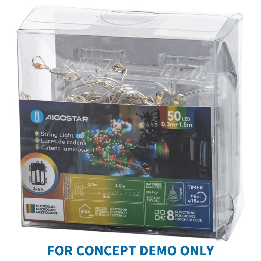 Aigostar - LED Outdoor Christmas String Lights 50 LEDs / 8 functions, 3xAA, 1.8 m, IP44, Cool White