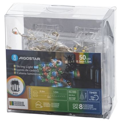 Aigostar - LED Outdoor Christmas string lights 50xLED/8 functions 3xAA 1.8m IP44 multicolor
