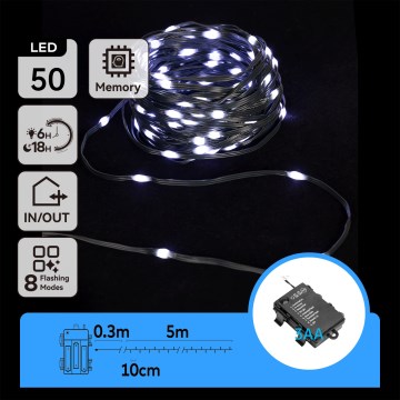 Aigostar -LED Outdoor Christmas string lights 50xLED/8 functions 3xAA 5,3m IP44 cool white