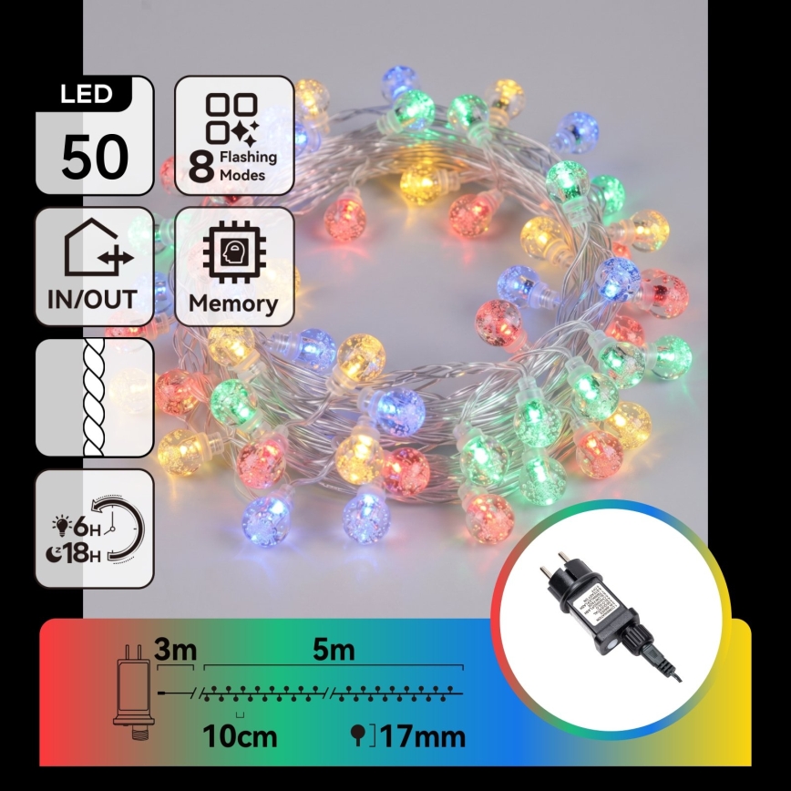 Aigostar - LED Outdoor Christmas string lights 50xLED/8 functions 8m IP44 multicolor