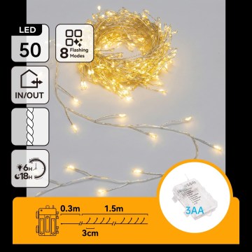 Aigostar - LED Outdoor Christmas String Lights 50xLED/8 modes 3xAA 1.8m IP44 warm white
