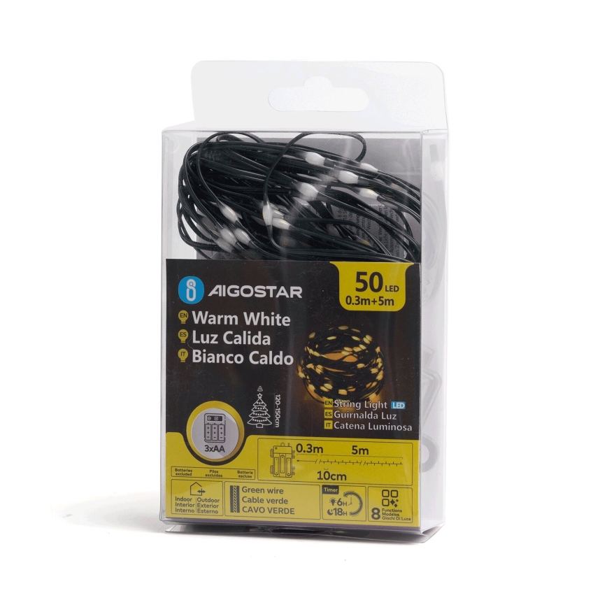 Aigostar - LED Outdoor Christmas string lights 50xLED/8 modes 3xAA 5,3m IP44 warm white