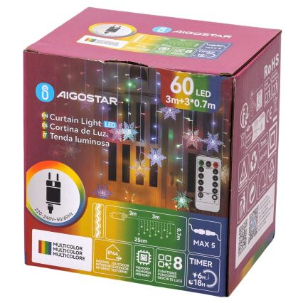 Aigostar - LED dimmable outdoor Christmas string lights 60 LEDs/8 functions 6 x 0.7 m IP44 multicolor + remote control