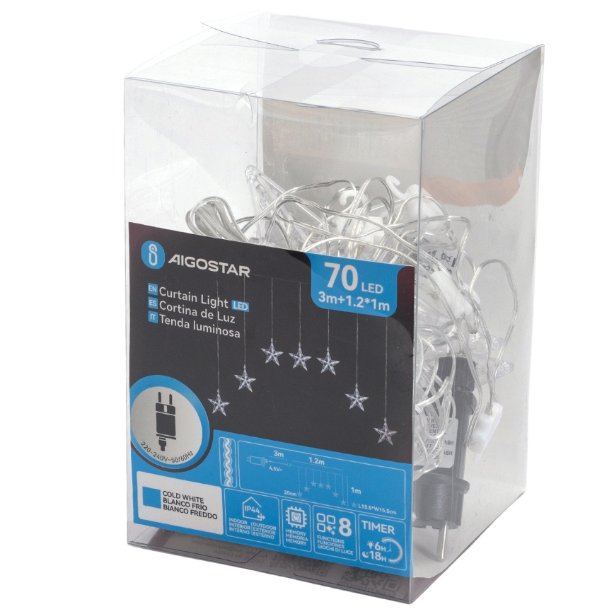 Aigostar - LED Outdoor Christmas String Lights 70 LEDs 1.2 x 1 m IP44 Cool White Stars