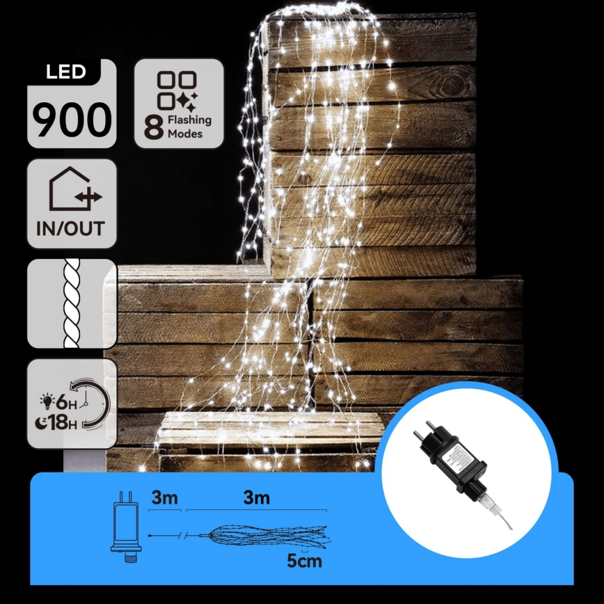 Aigostar - LED Outdoor Christmas String Lights 900 LEDs / 8 functions 6 m IP44 Cool White