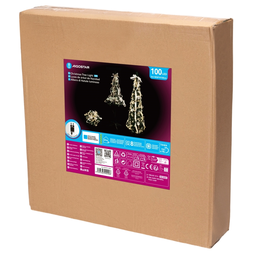 Aigostar - Outdoor LED Christmas Tree 100 LEDs 1.5 m IP44 White/Gold Cool White