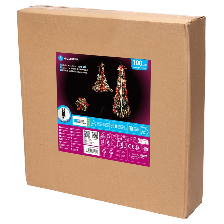 Aigostar - 1.5 m LED Outdoor Christmas Tree, 100 LEDs, IP44, Red & Cool White