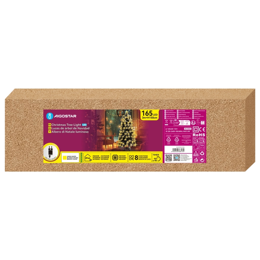 Aigostar - LED Outdoor Christmas Tree 165 LEDs / 8 functions 1.5 m IP44 warm white