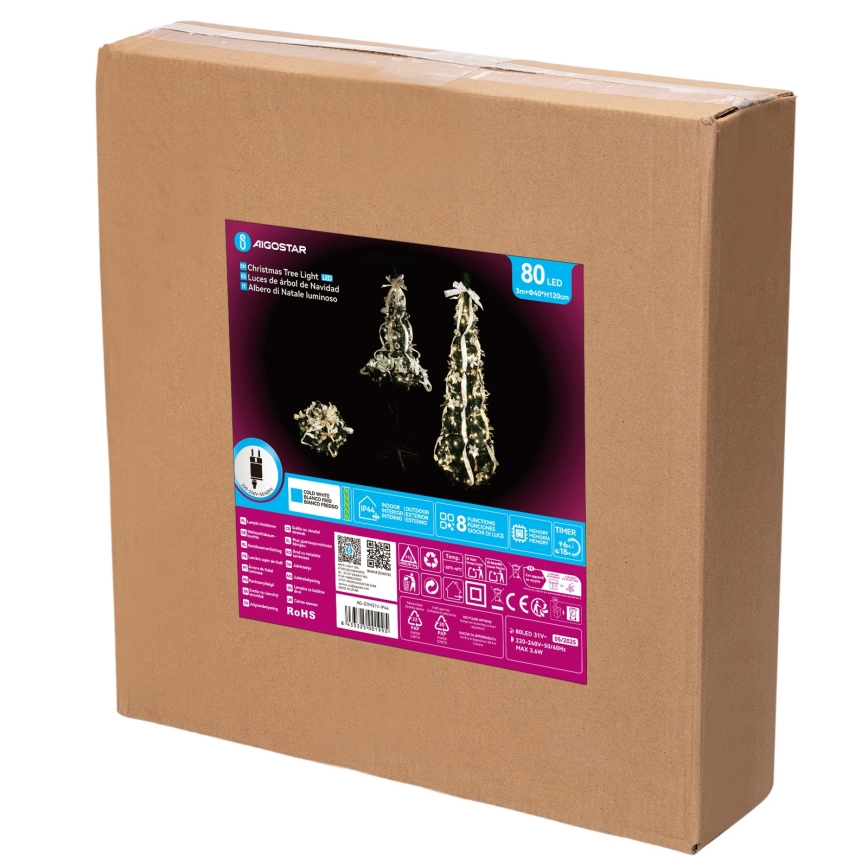 Aigostar - LED Outdoor Christmas Tree 80 LEDs 1.2m IP44 white/gold, cool white