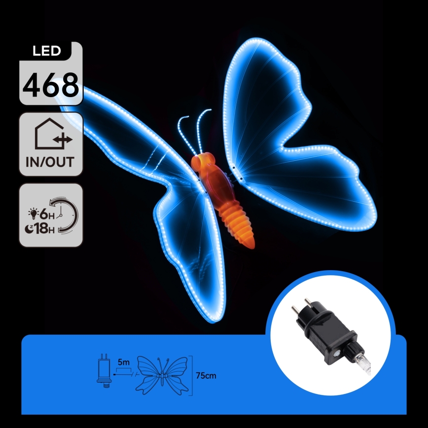 Aigostar - LED Outdoor Decoration 468xLED 75 cm IP44 butterfly/blue