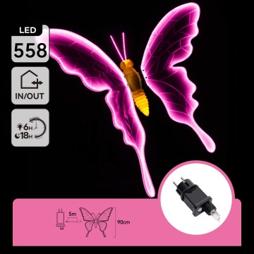 Aigostar - LED Outdoor Decoration 558 LEDs, 90 cm, IP44, Butterfly/Pink