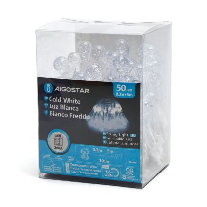 Aigostar - LED Outdoor decorative chain 50xLED/8 functions/3xAA 5,3m IP44 cool white
