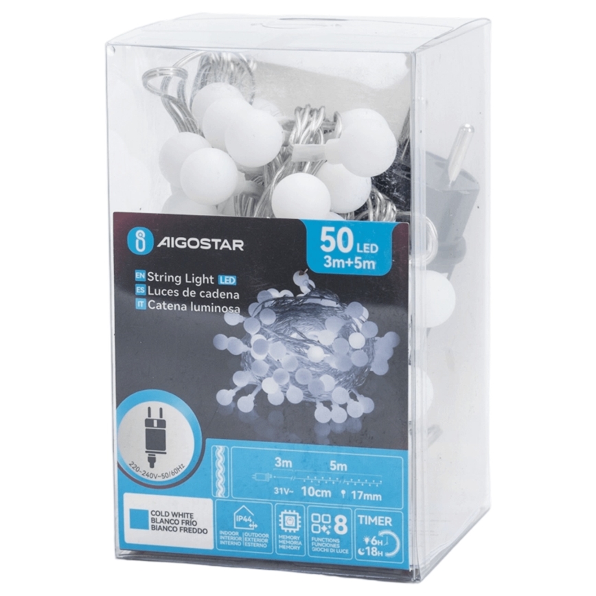 Aigostar - LED Outdoor Decorative String Lights 50 LEDs/8 Lighting Modes 5 m IP44 Cool White