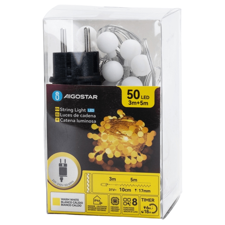 Aigostar - LED Outdoor Decorative String Lights, 50 LEDs / 8 Functions, 5 m, IP44, Warm White