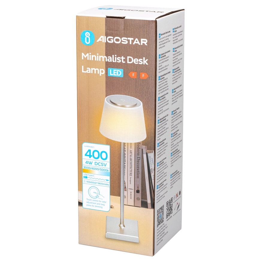 Aigostar - LED Outdoor dimmable rechargeable table lamp LED/4W/5V 3600mAh white/matte chrome IP54