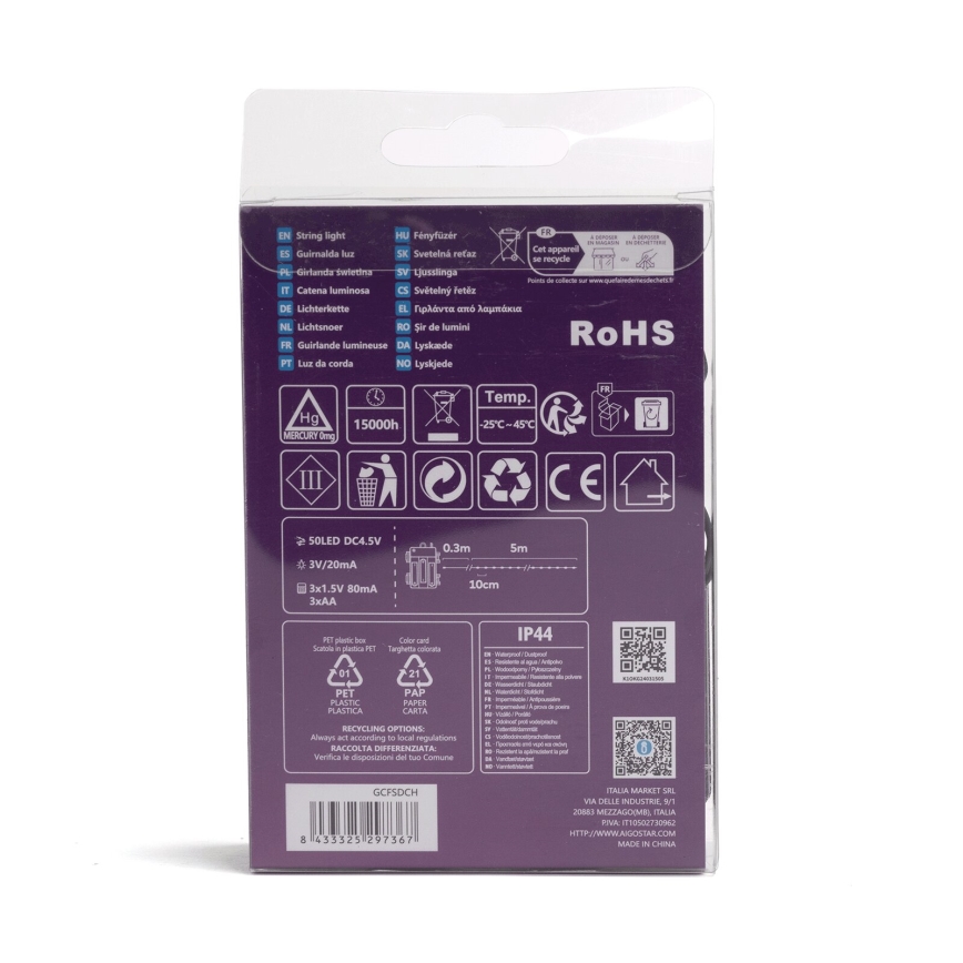 Aigostar - LED Outdoor String 50xLED/8 modes 3xAA 5,3m IP44 multicolor