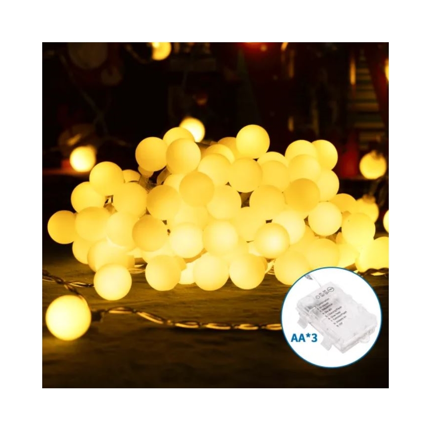 Aigostar - LED Outdoor String Lights, 100 LEDs, Battery-Powered (3×AA), 8 Modes, 10.3 m, IP44, Warm White