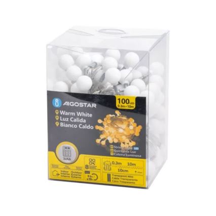 Aigostar - LED Outdoor String Lights, 100 LEDs, Battery-Powered (3×AA), 8 Modes, 10.3 m, IP44, Warm White