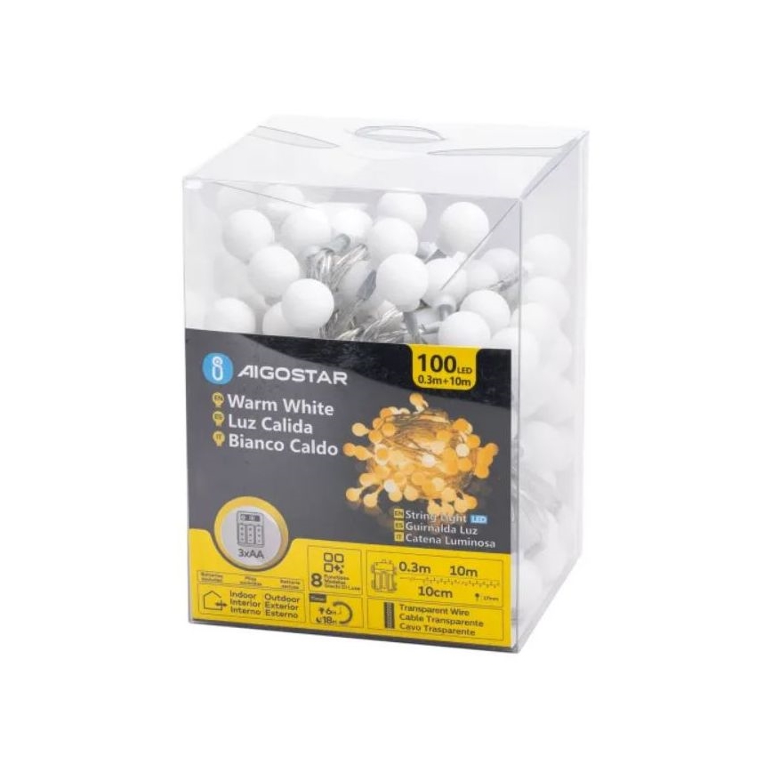 Aigostar - LED Outdoor String Lights, 100 LEDs, Battery-Powered (3×AA), 8 Modes, 10.3 m, IP44, Warm White