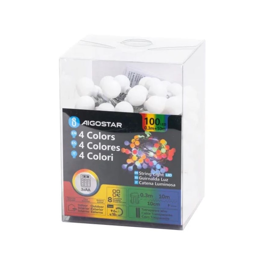 Aigostar - LED Outdoor String Lights 100 LEDs/3x AA/8 lighting modes 10.3 m IP44 multicolor